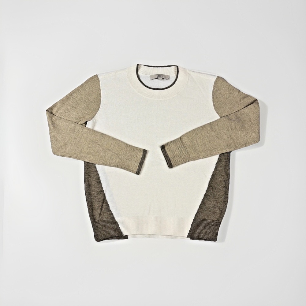 LOFT Colorblock Sweater Womens Small Petite White Tan Brown Crew Neck Knit